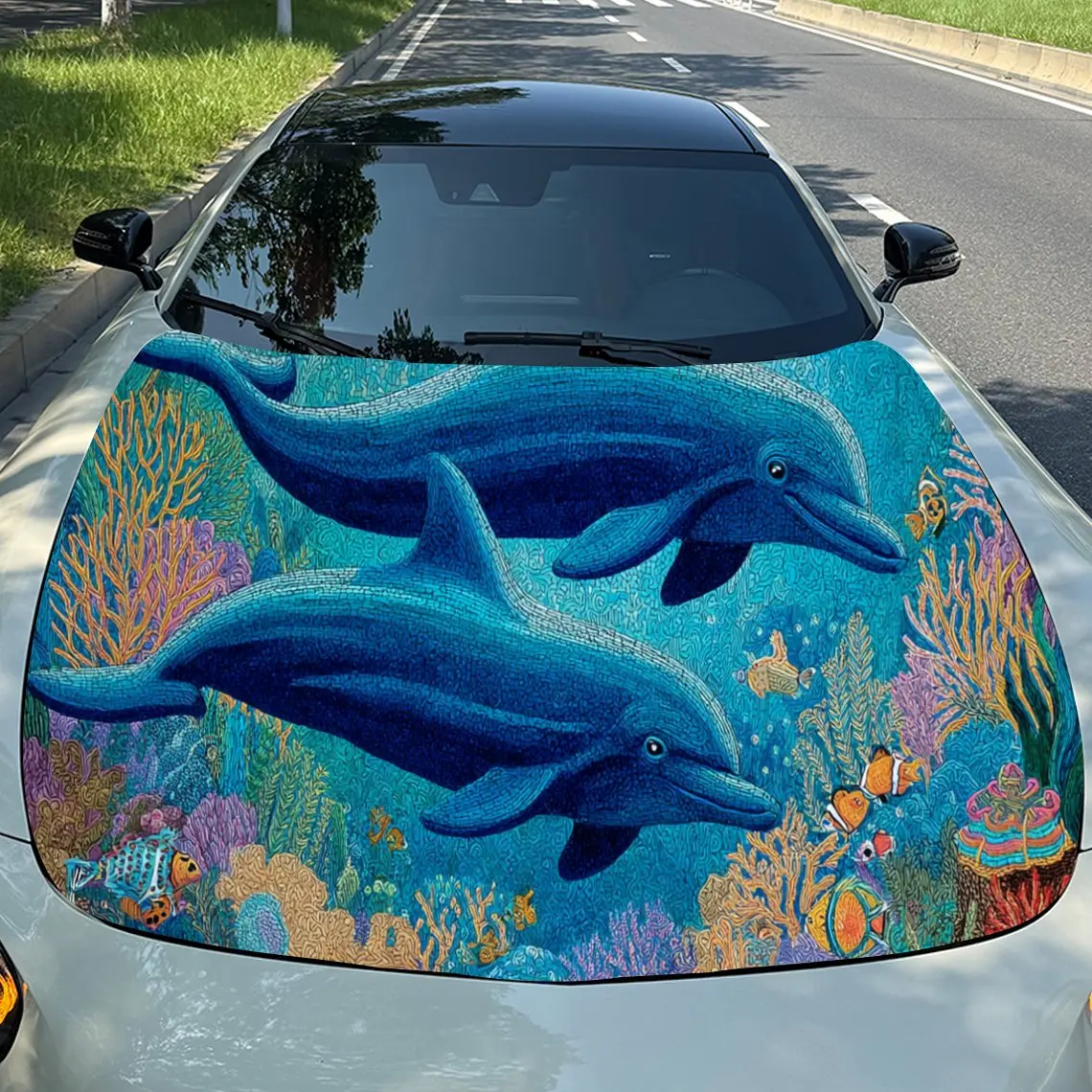 

Dynamic Blue Dolphin Car Hood Stickers - Self-Adhesive, Waterproof and Durable Vinyl Wrap, Decorate And Protect Your Car, Fit Fo