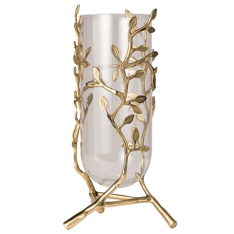 Glass Metal Vase Hollow Gold Metal Frame Branches Rattan Transparent Flower Vase Flower Arrangement Hydroponics Home Decoration