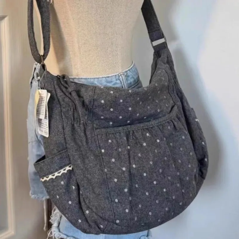 Koreanischen Stil Polka Dot Canvas Tote Bag Womem Schulter Taschen Damen Casual Faul Vielseitige Mode Umhängetasche für Arbeit Pendeln