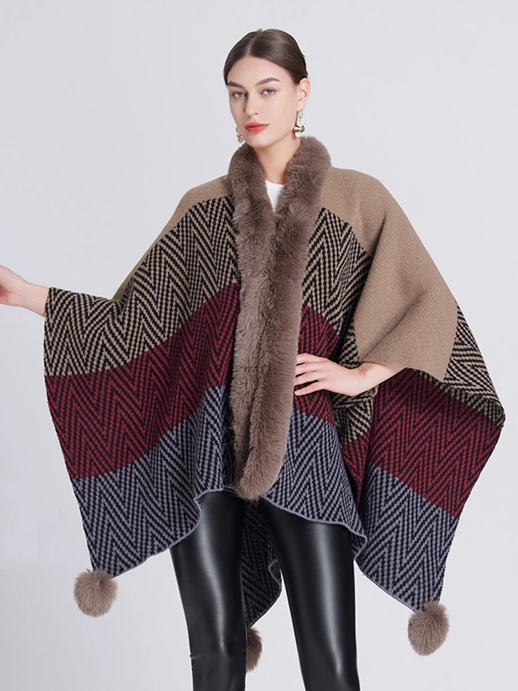 

Winter Women Scarf Layers Poncho Elegant Lady Hairy Striped Print Wraps Shawl Warm Scarve Capa Para Mujer Pashmina Cloak Fashion