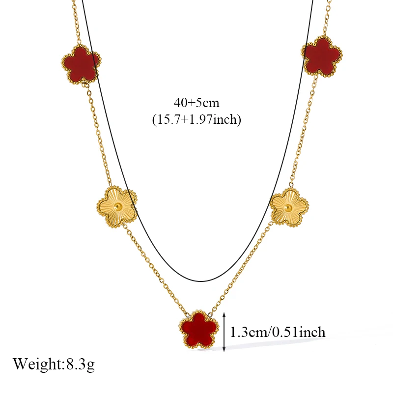 EILIECK 316L Stainless Steel Red Five Leaf Flower Pendant Necklace For Women Fashion Two-Sided Clover Neck Chain Jewelry Gift