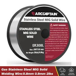 ARCCAPTAIN Filo solido MIG in acciaio inossidabile Filo per saldatura a gas 0,8 mm 0,9 mm 1 kg 1 rotolo per saldatrice MIG Saldatura