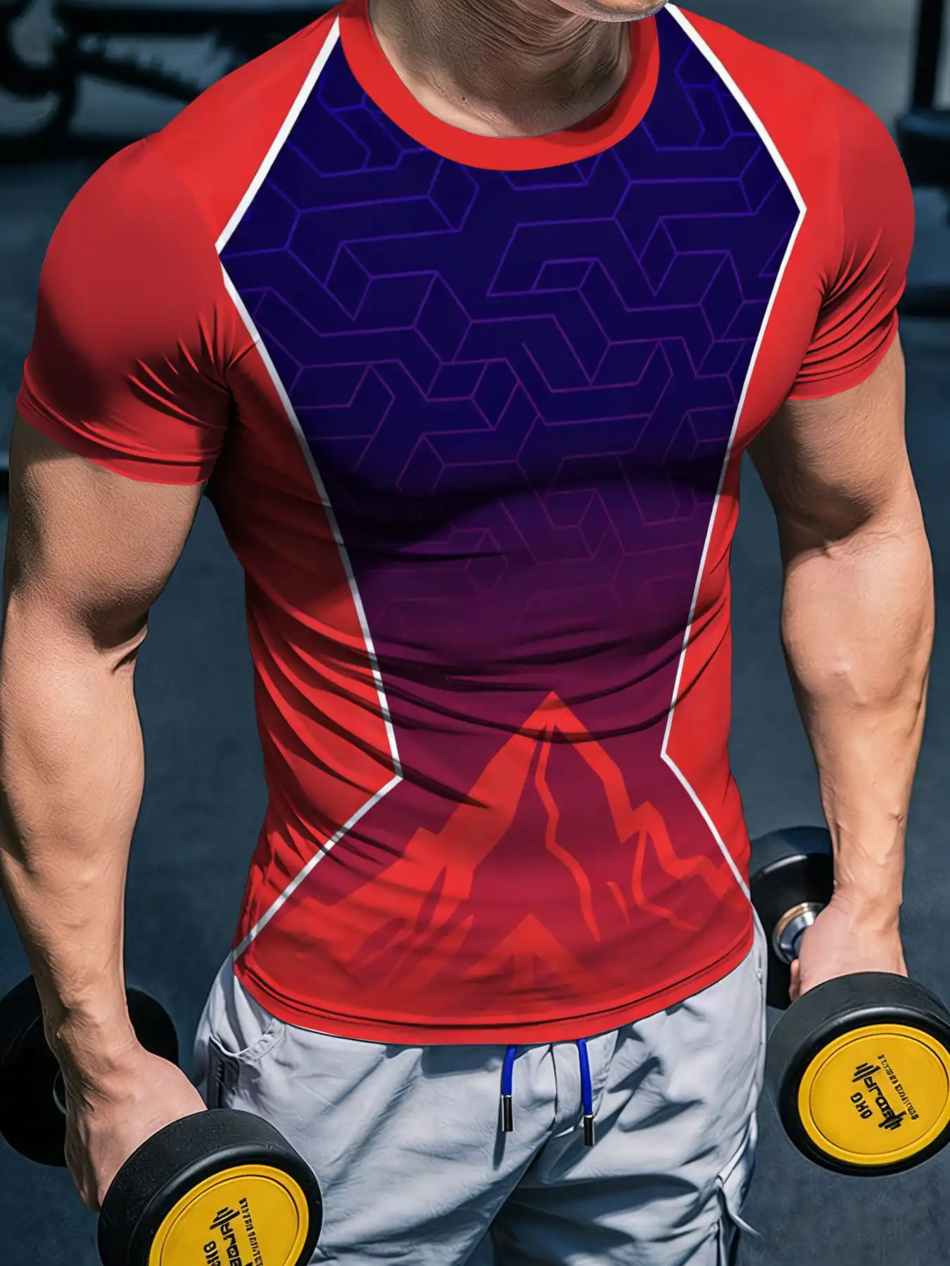Men Quick Dry T-shirt High Elastic Red Purple Gradient 3D Geometric Mountain Print Short Sleeve Breathable Crew Neck Tee