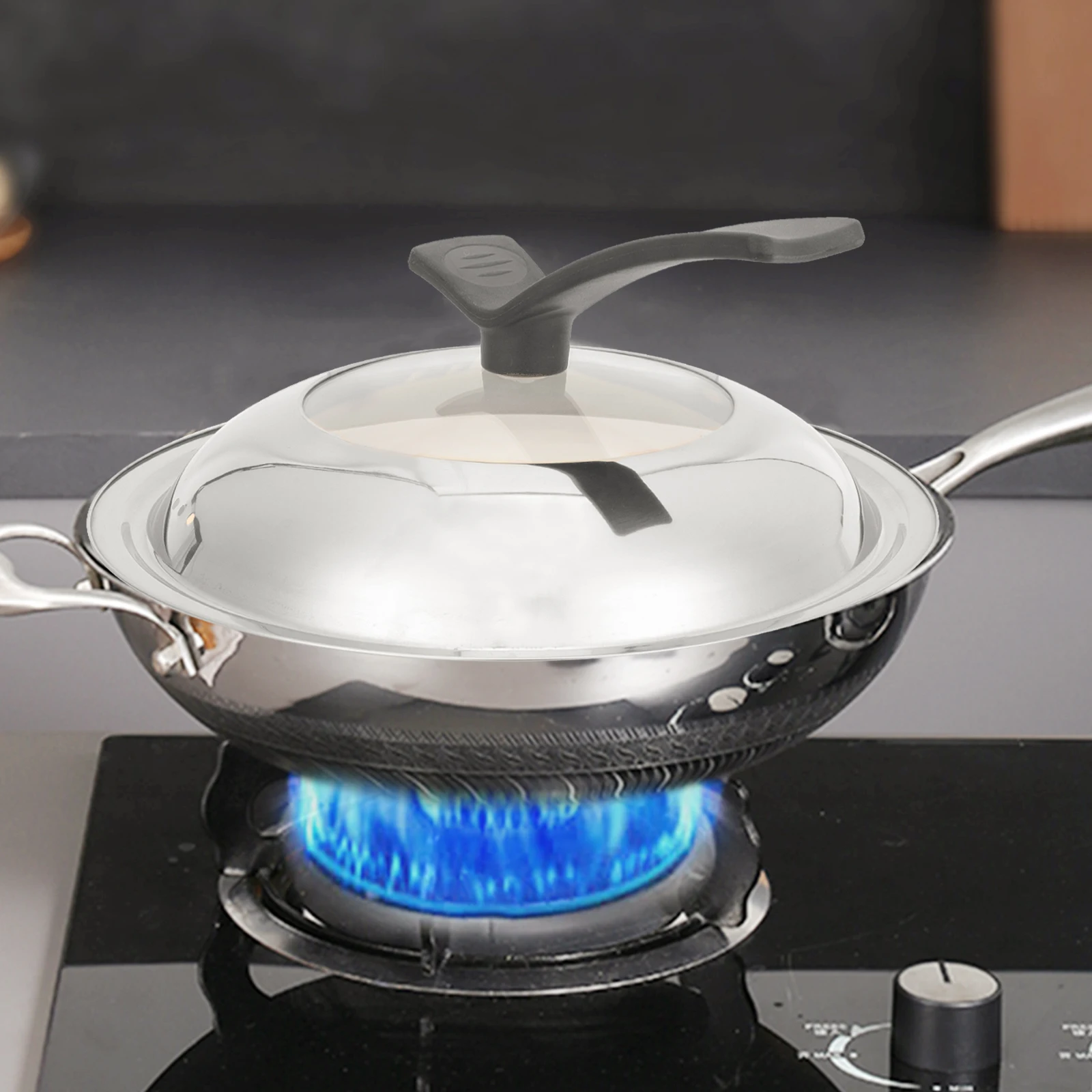 

Thickened Wok Cover with Glass Window Stainless Steel Handle Visible Frying Pan Lid for Home Kitchen Restaurant Cooking Use