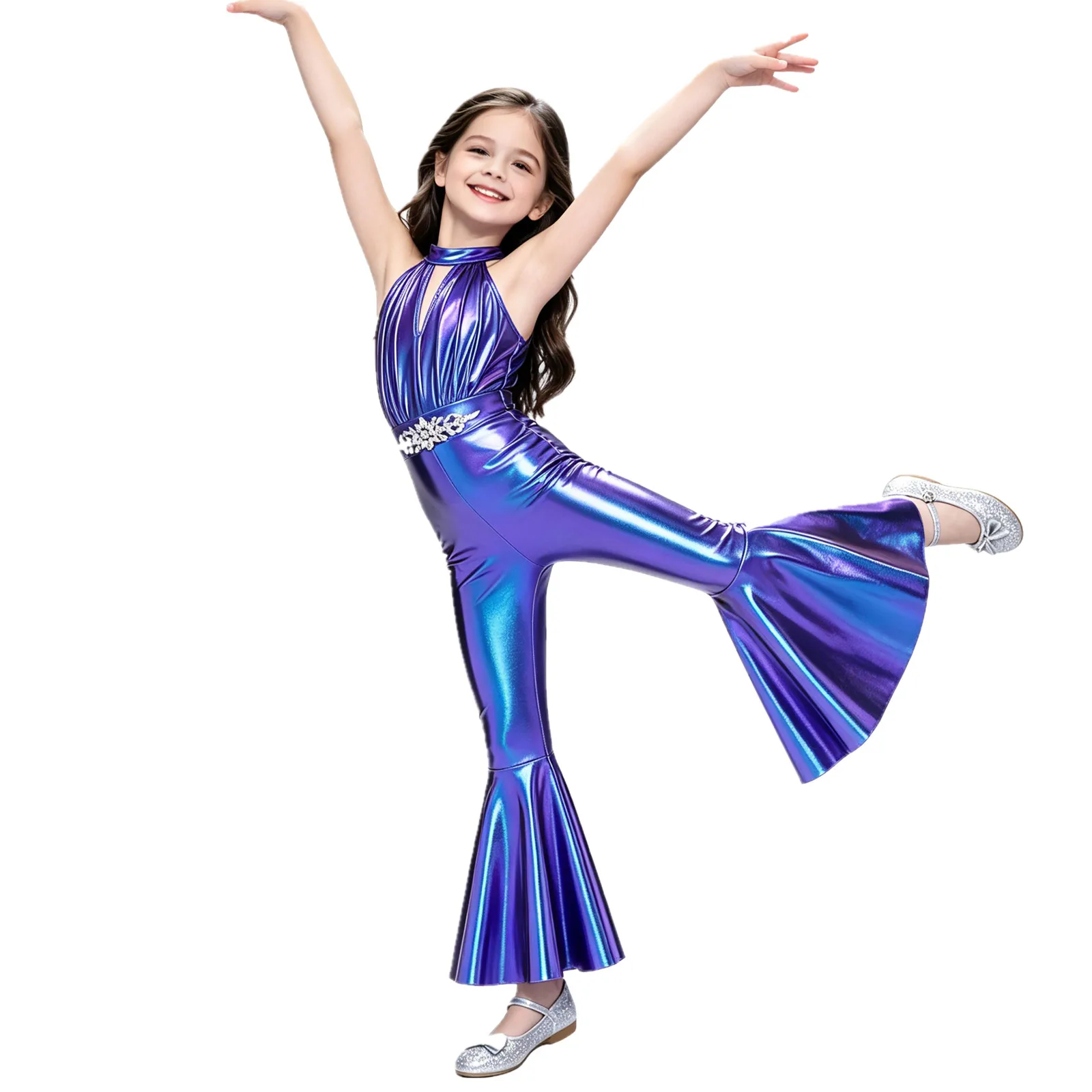 

Kids Girls 70s Disco Jazz Dance Pageant Singer Flared Jumpsuit Sleeveless Halter Rhinestone Metallic Shiny Bell-Bottom Bodysuit