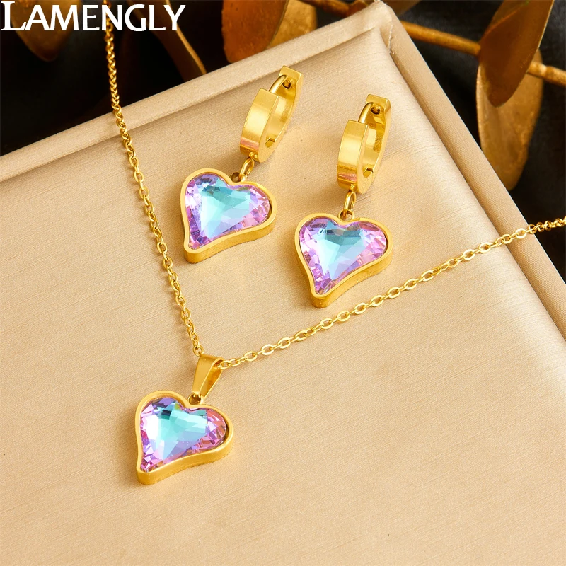 LAMENGLY 316L Stainless Steel Colored Rhinestone Heart Pendant Necklace Earrings Women Trendy Girls Exquisite Jewelry Set Gifts