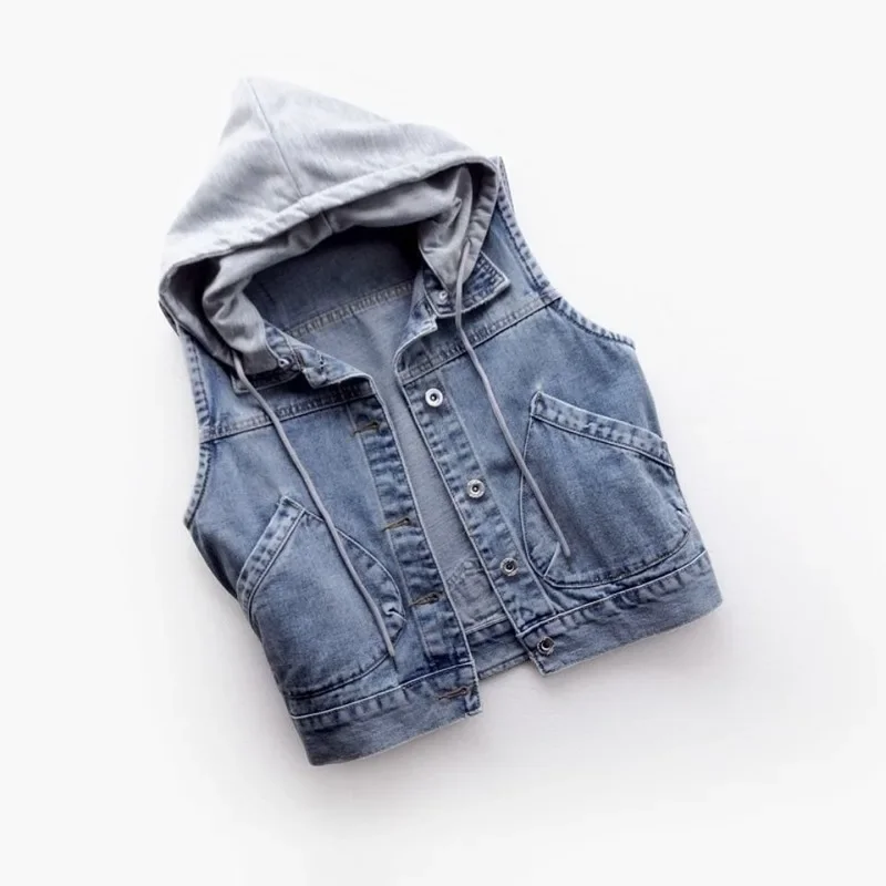 Sleeveless Jeans Jacket Women Korean Fashion Hooded Vests Jean Short Waistcoat Large Size Cotton Zipper Denim Vest Female