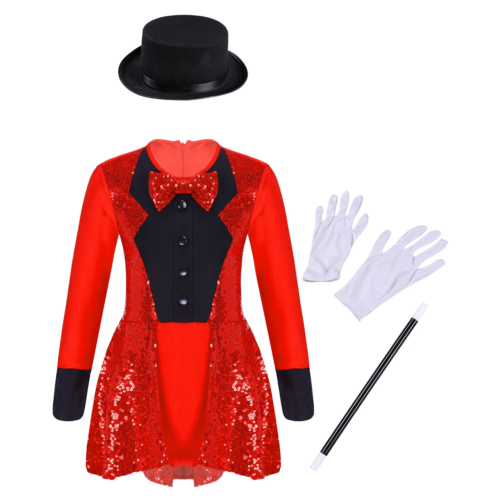 Girls Circus Magician Costume Halloween Party Cosplay Magic Show Dress Up Shiny Sequin Leotard Dress with Hat Magic Wand Gloves