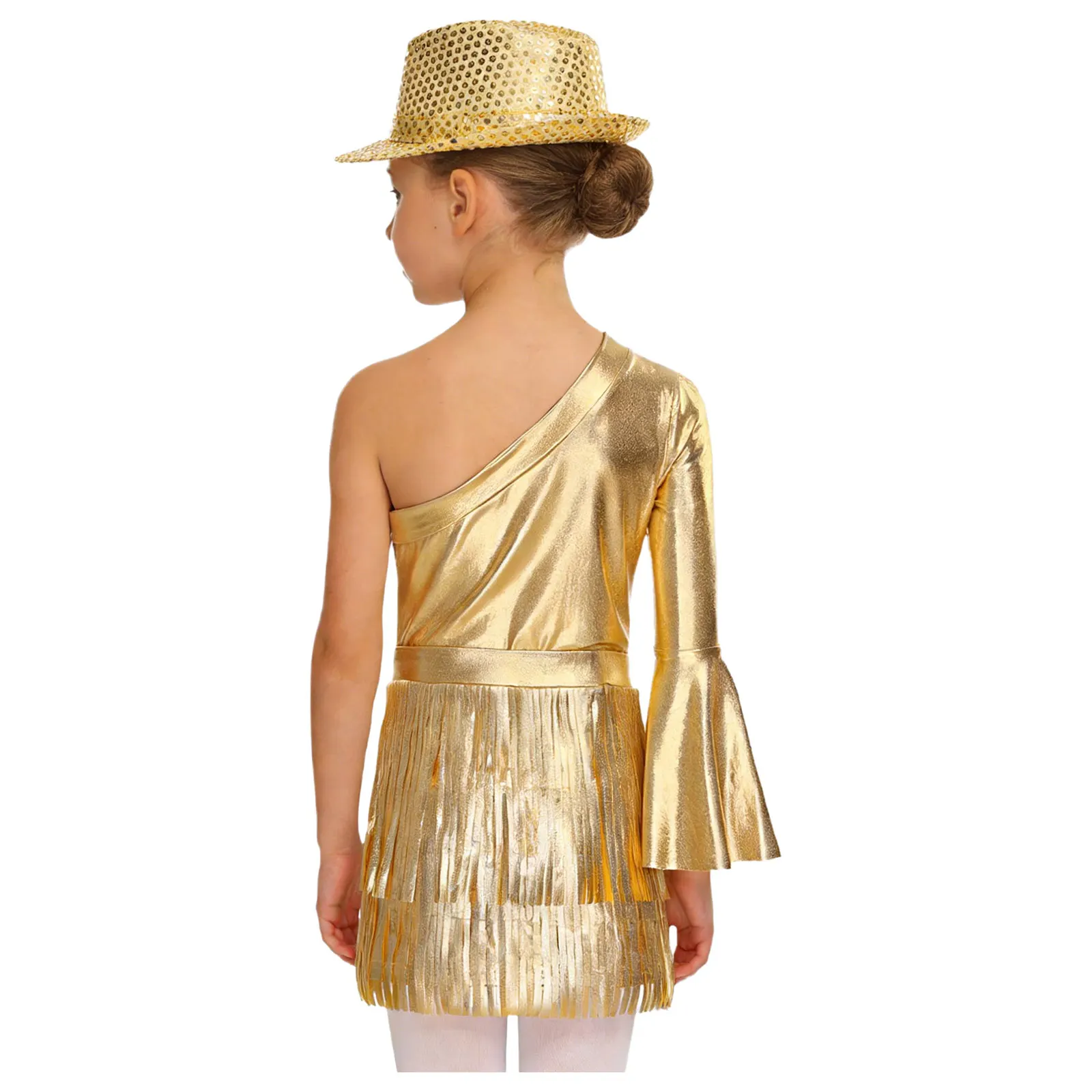 

Kids Girls 3PCS Disco Jazz Dance Outfits Long Flare Sleeve Bodysuit with Fringed Skirt and Hat Sets for Stage Performance Dance