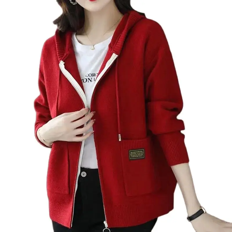 Large Size New Women Hooded Sweater Coat Spring Autumn Long Sleeve Zipper Knitted Cardigan Female Sweater Jacket