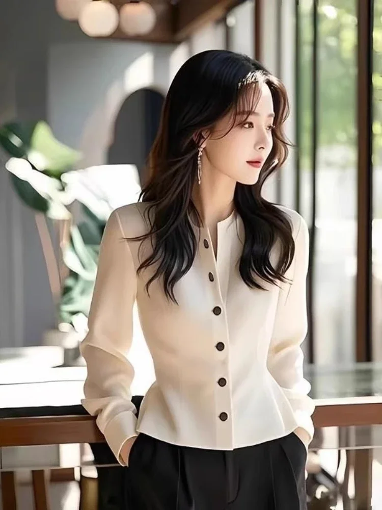 

Fashion Elegant Coats Solid Color O Neck Long Sleeve Single Breasted Crop Tops All Match Simple Female Slim Women Clothing 2024