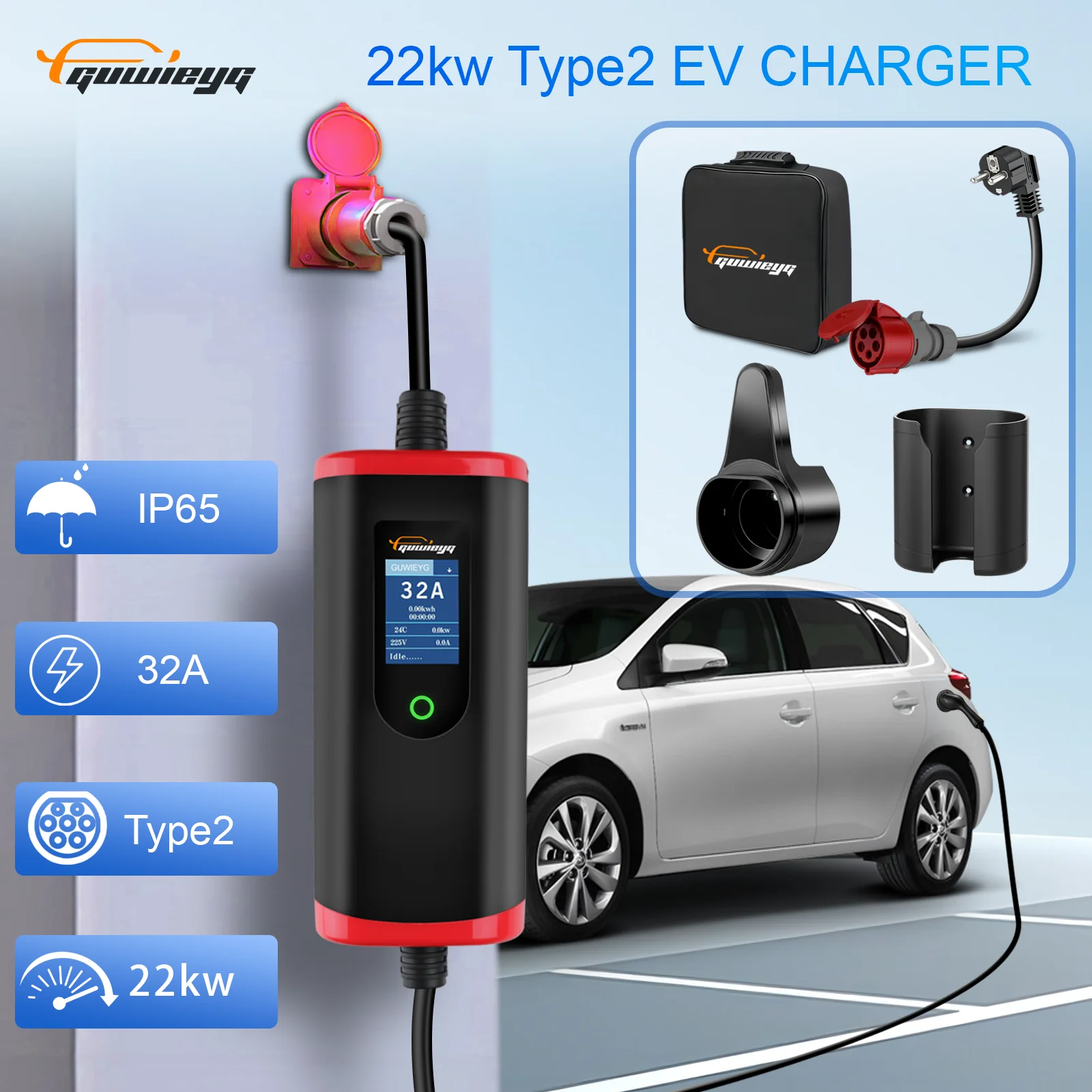 GUWIEYG Type2 22KW Portable EV Charger 32A 3Phase Fast Charging IEC 62196-2 Wallbox EVSE Charging Station for Electric Vehicle