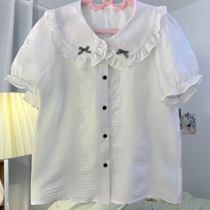 Y2K Harajuku Sweet Lolita Shirt Women Bow Lace Detail Short Sleeve Blouse Solid Color Cute Subcultural Daily Soft Wear