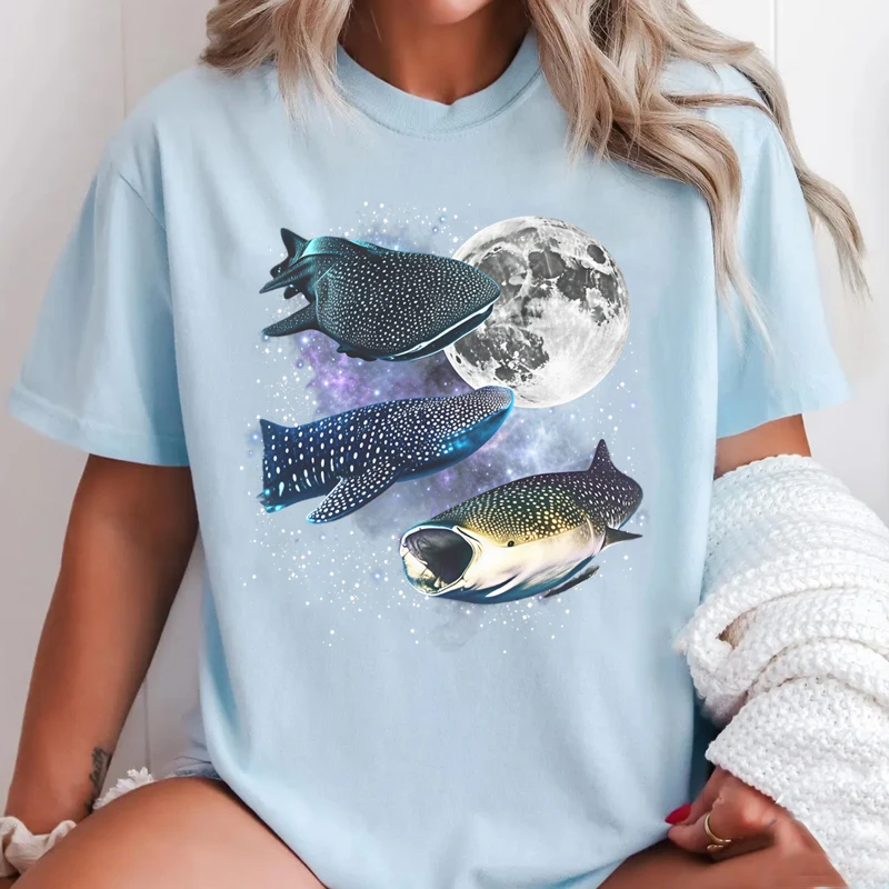 Three Whale Shark Retro Graphic T-shirts Women Men Sea Creature Moon Tshirt Whale Funny Tee Oversized Short Sleeve Cotton