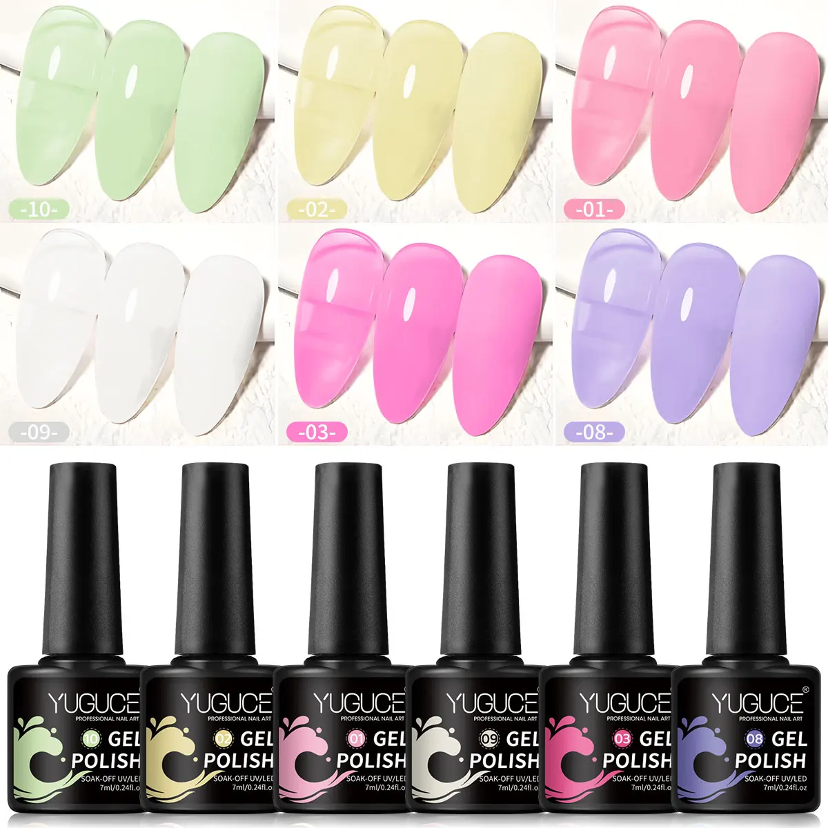 YUGUCE 6PCS/SET jelly nude nail polish gel, featuring multi-color combinations with high saturation, ideal for home DIY