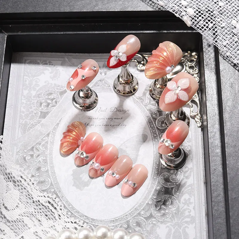 

24 шт. Новые розовые градиентные накладные ногти с цветочным узором, 3D стереоскопический декор с цветами, жемчугом и стразами, съемные, для нейл-арта