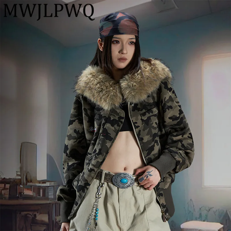 

MWJLPWQ Camouflage Hooded Short Jacket Ribbed Hem Design High Street Slim Fit Zipper Casual Tops 2025 Autumn For Women 11943