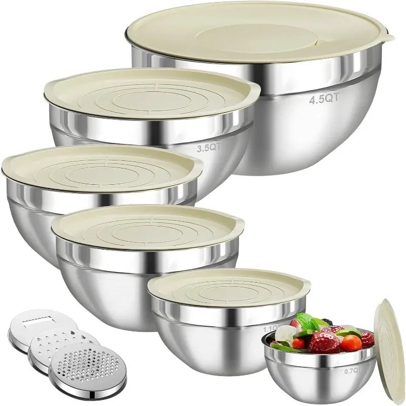 Mixing Bowls with Lids Set, 6 counts Stainless Steel Mixing Bowls with 3 Grater Attachments, Kitchen Food Storage Organizers