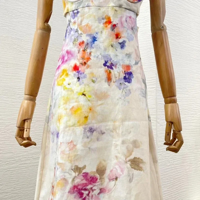 Multicolor Floral Print Sleeveless Backless Cut Out Waist Midi Dress 2025