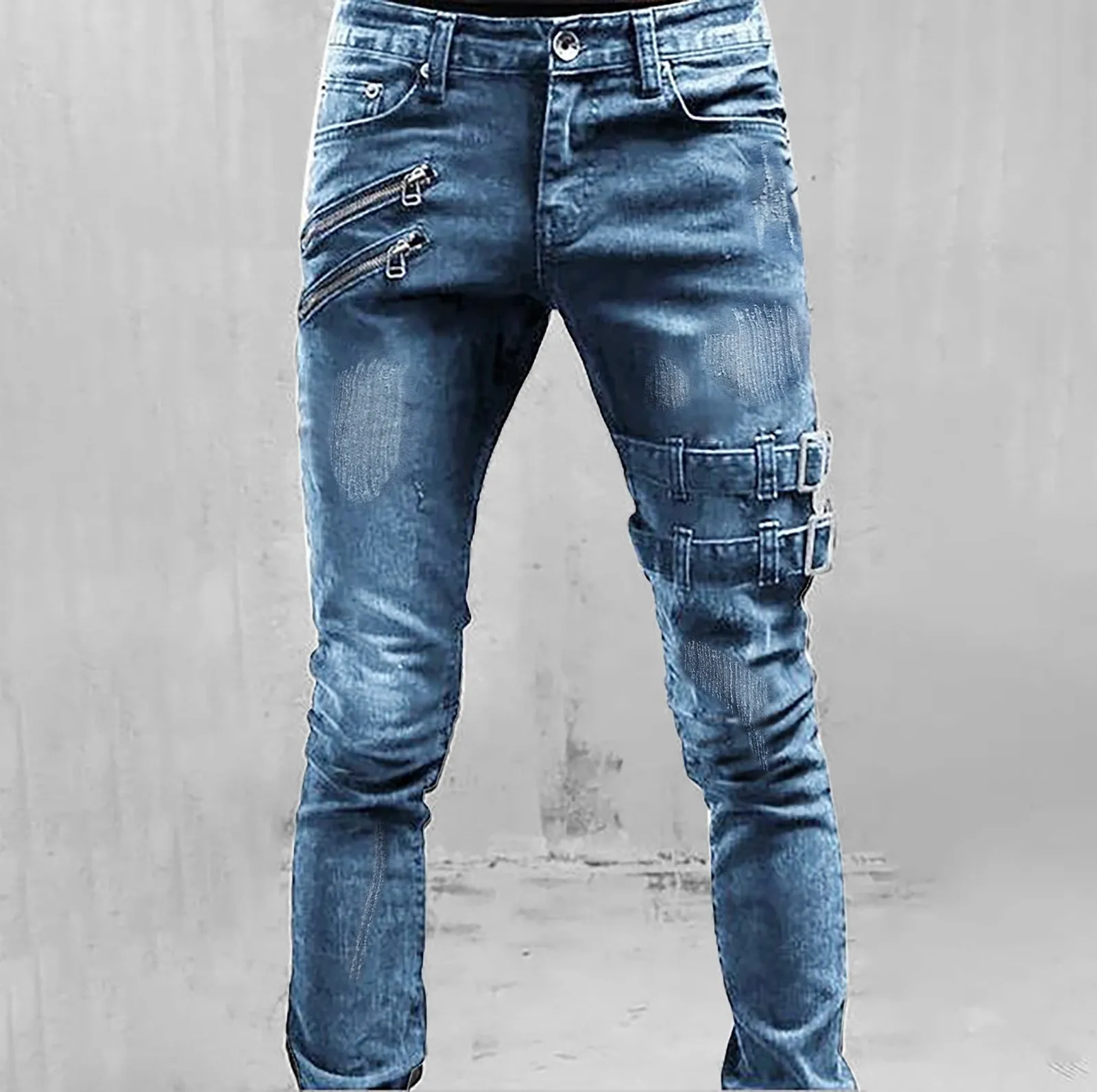 

Men Zipper Hole Streetwear Punk Skinny Denim Cargo Pants Pantalones Y2K Clothing Retro Moto Biker Straight Elastic Jeans Pants