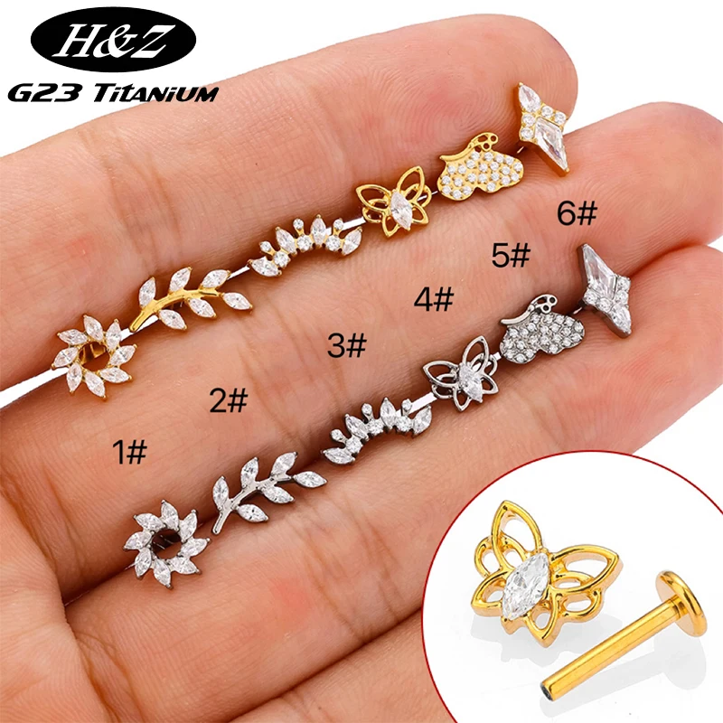 

1PC G23 Titanium Labret Piercing Internal Thread Ear Studs Zircon Flower Helix Cartilage Lip Stud FlatBack Piercing Jewelry 16G