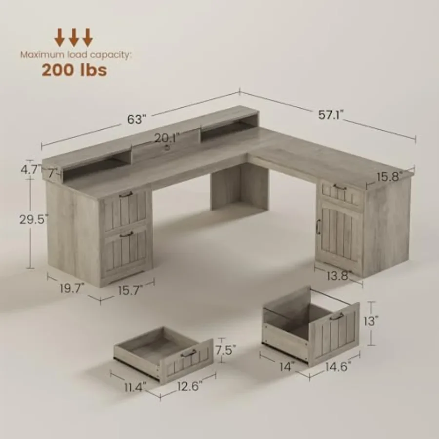 Farmhouse 63 L Shaped Desk with Drawers and Storage Cabinet for Home Office, Solid Wood, White, Spacious Storage and Rustic Cha