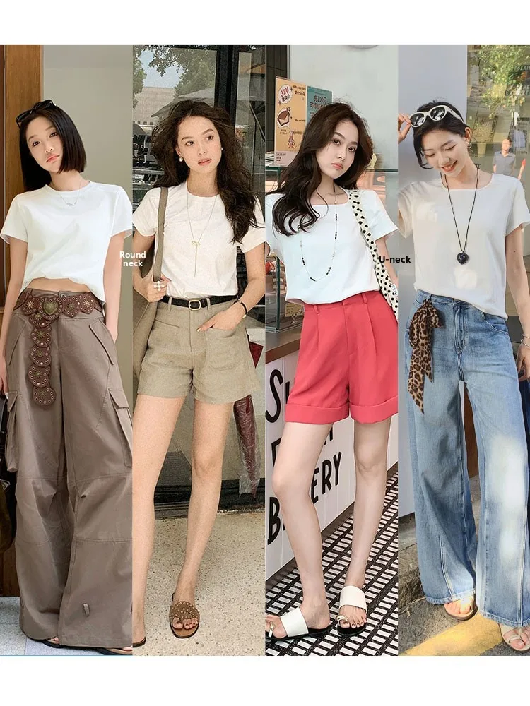 MeiYang Special Offer Tech Cream Cotton Short Sleeve U-Neck T-Shirt Casual Loose Fit Classic Pattern Summer Wear