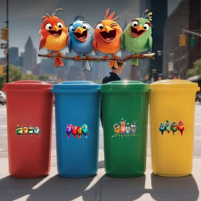 1PC Cartoon Cute Birds Trash Can Stickers Waterproof for DIY Refrigerator Window Glass Vinyl Decals Holiday Home Decoration