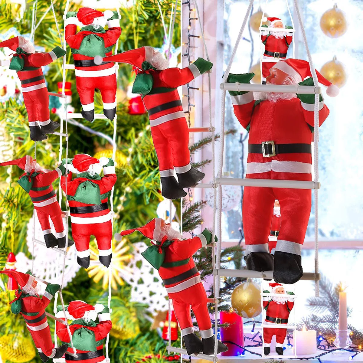 Santa Claus Climbing on Rope Ladder Christmas Ornament for Christmas Tree Party Home Door Wall Decoration Restaurant Decoration