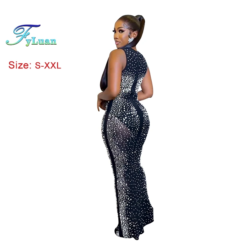2025 Sleeveless O Neck Women Maxi Dress Hot Rhinestones Sheer Mesh Sexy Dresses Wedding Party Formal Occasion Vacation Outfits