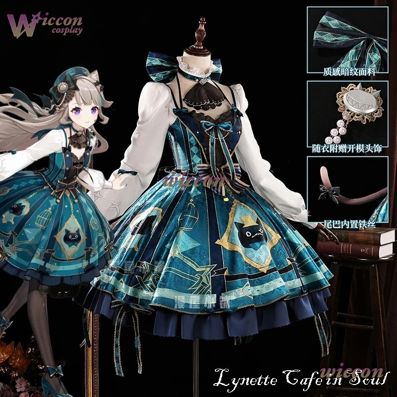 YesOk Genshin Impact Lynette Cafe in Soul Outfits أزياء تنكرية شعر مستعار لوليتا فستان بتصميم حالم أحذية شعر مستعار للنساء كرنفال الهالوين Uni #2