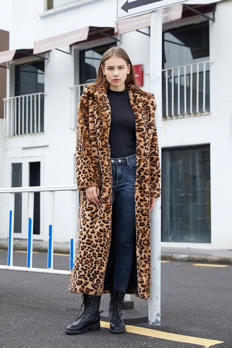 2022 High Street Leopard Print Long Faux Fur Coat Fuzzy Jacket for Women Winter Faux Rabbit Fur Plush Coats and Jackets Coat Fur