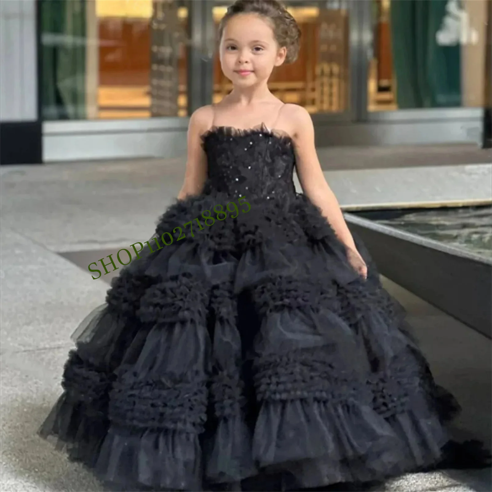 

Flower Girl Dress Black Layered Tulle Ruffle Tube Top Sleeveless Wedding Flower Child's First Communion Birthday Party Dress