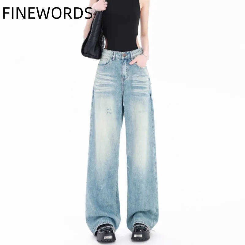 

FINEWORDS High Waist Vintage Washed Blue Jeans Casual Korean Wide Leg Baggy Jeans Full Length Streetwear y2k punk Denim Pants