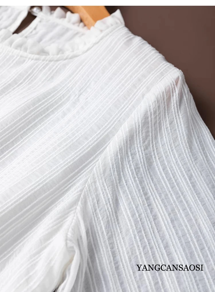 2025 Women's Fashion New Natural 50% Natural Mulberry Silk White French Commuter Long Sleeve Ear Collar Long Sleeve T-shirt