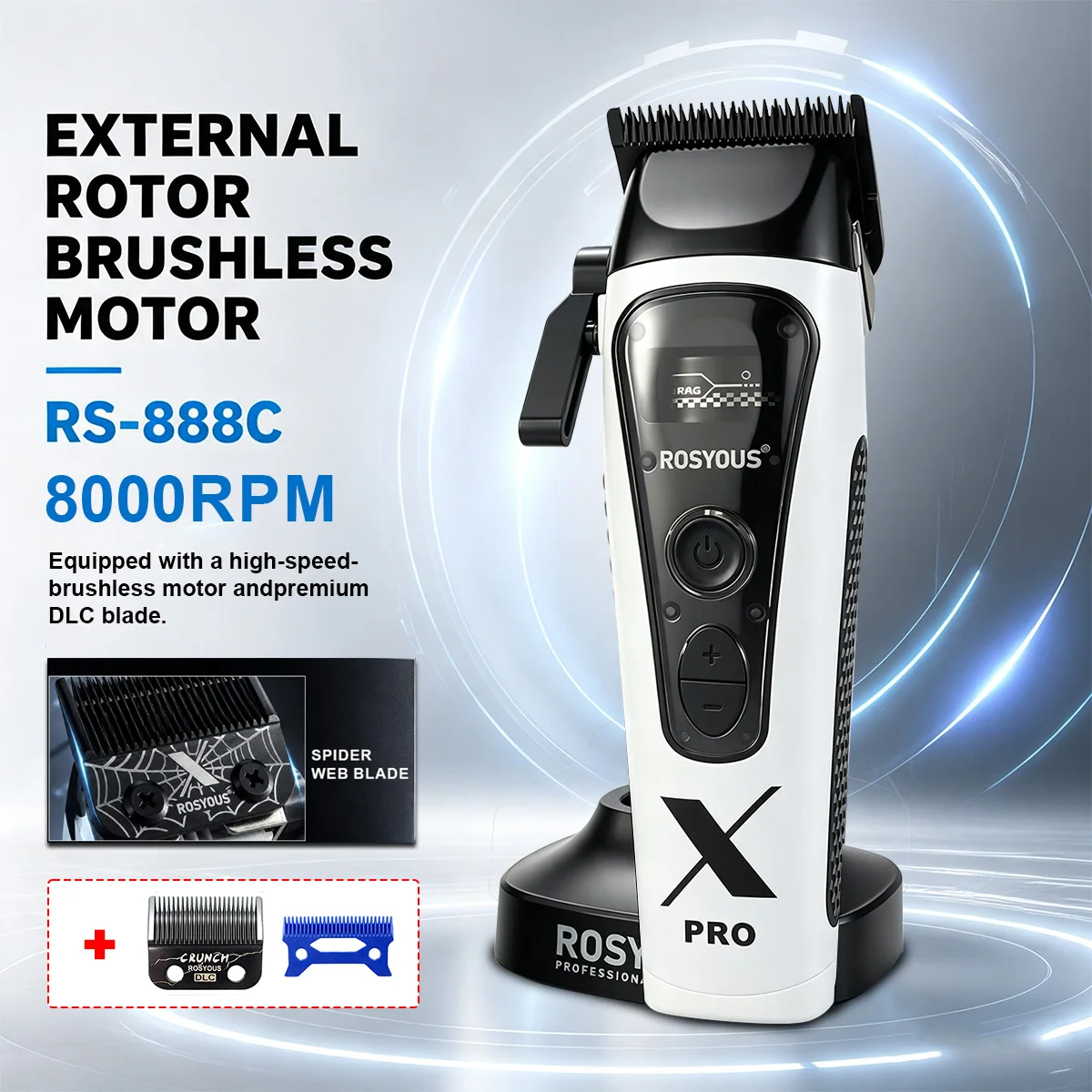 ROSYOUS RS888C Professional Hair Clipper for Men DLC Blade External Rotor Brushless Motor 8000RPM with Dock Hair Cutting Machine