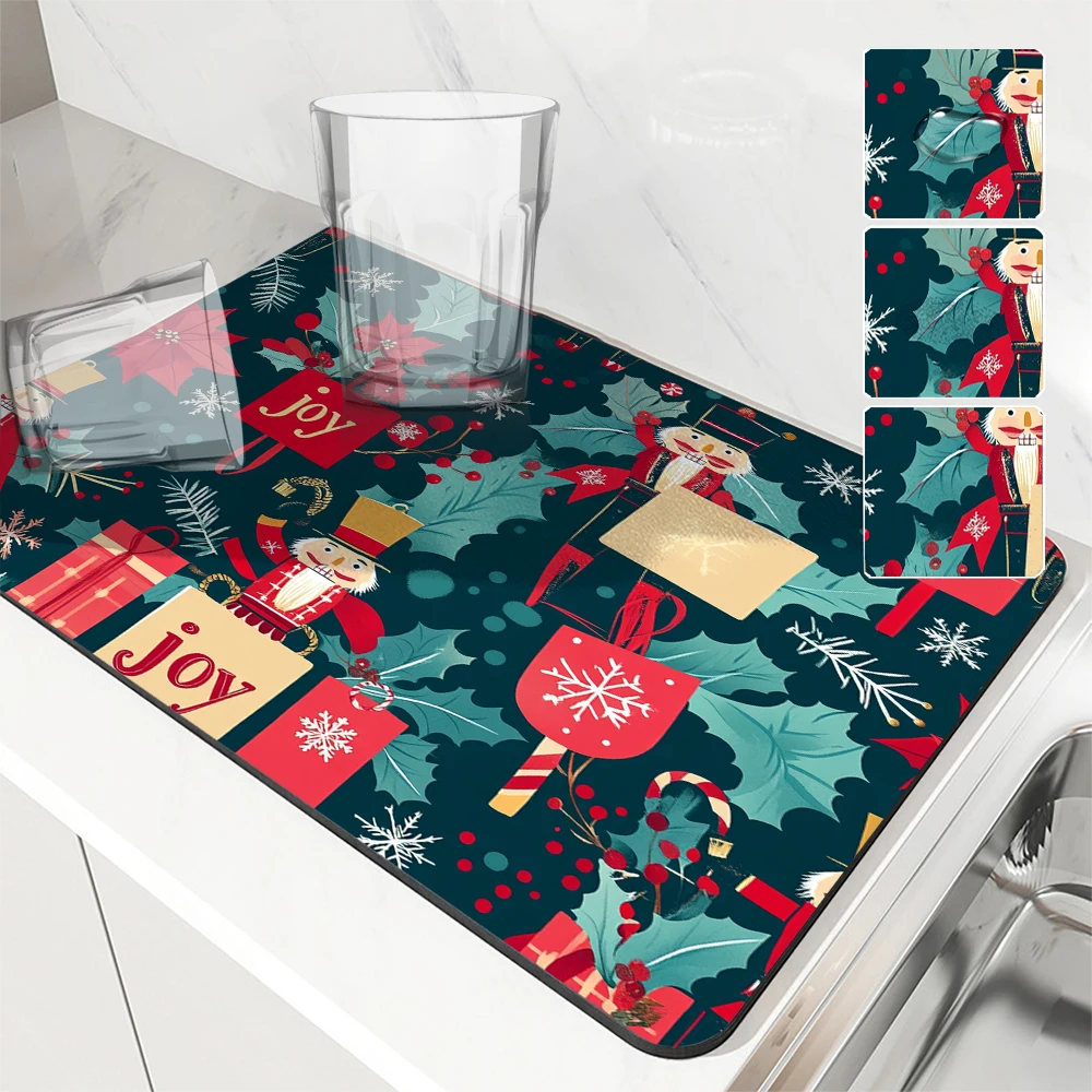 Coffee Tablewear Drain Pad Christmas Holly Bathroom Square Absorbing Anti-slip Dry Mat  Placemat Dishes Cup Splash Proof Drainer