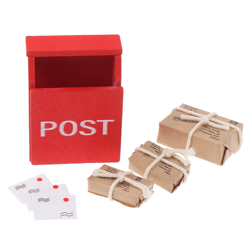 1 Set 1:12 Puppenhaus Miniatur Briefkasten Roter Briefkasten mit Briefsack Postkarte Fee Gartentür Möbel Haus Dekor Spielzeug