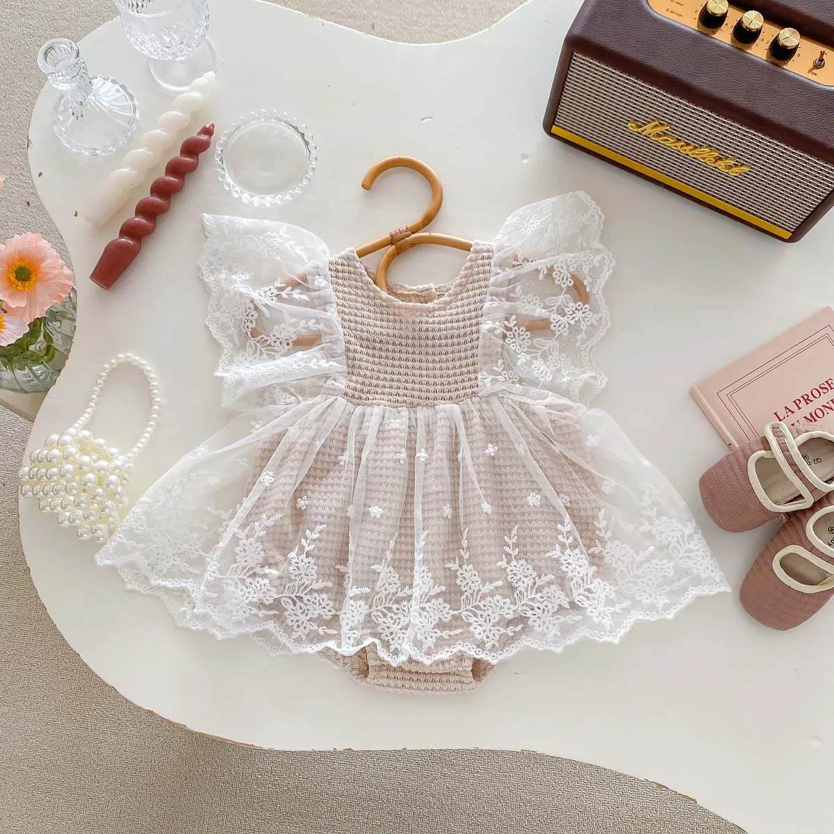 Summer False 2pcs Infant Baby Girls Party Lace Tutu Skirt Bodysuit Botique Flare Sleeve Waffle One Piece Jumpsuit Clothing