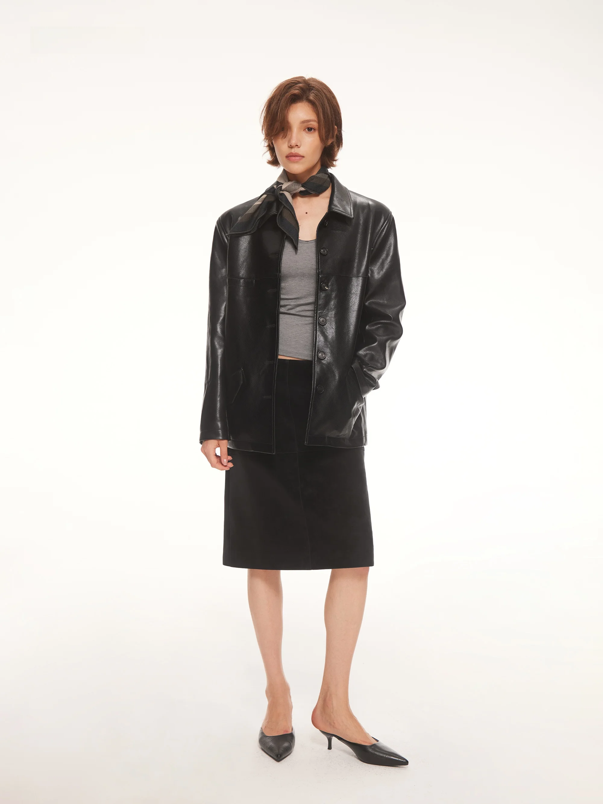 AHNKANK Vintage Shoulder Length Leather Jacket Women's Loose Fit Mid-Length Turn-down Collar Black Leather Coat for Autumn