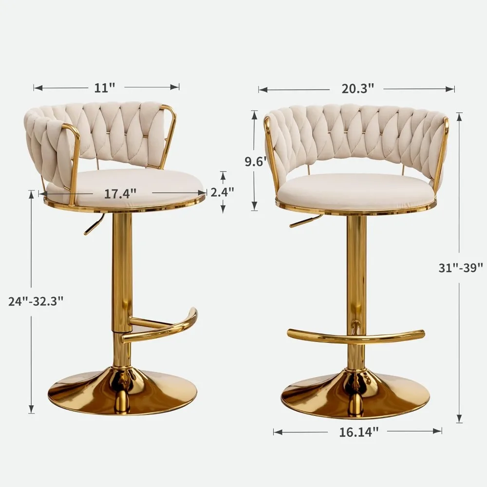 Ensemble de 4 tabourets de bar avec dossier bas, tabourets de bar ajustables en velours, fauteuil à 360 °, faciles à assembler