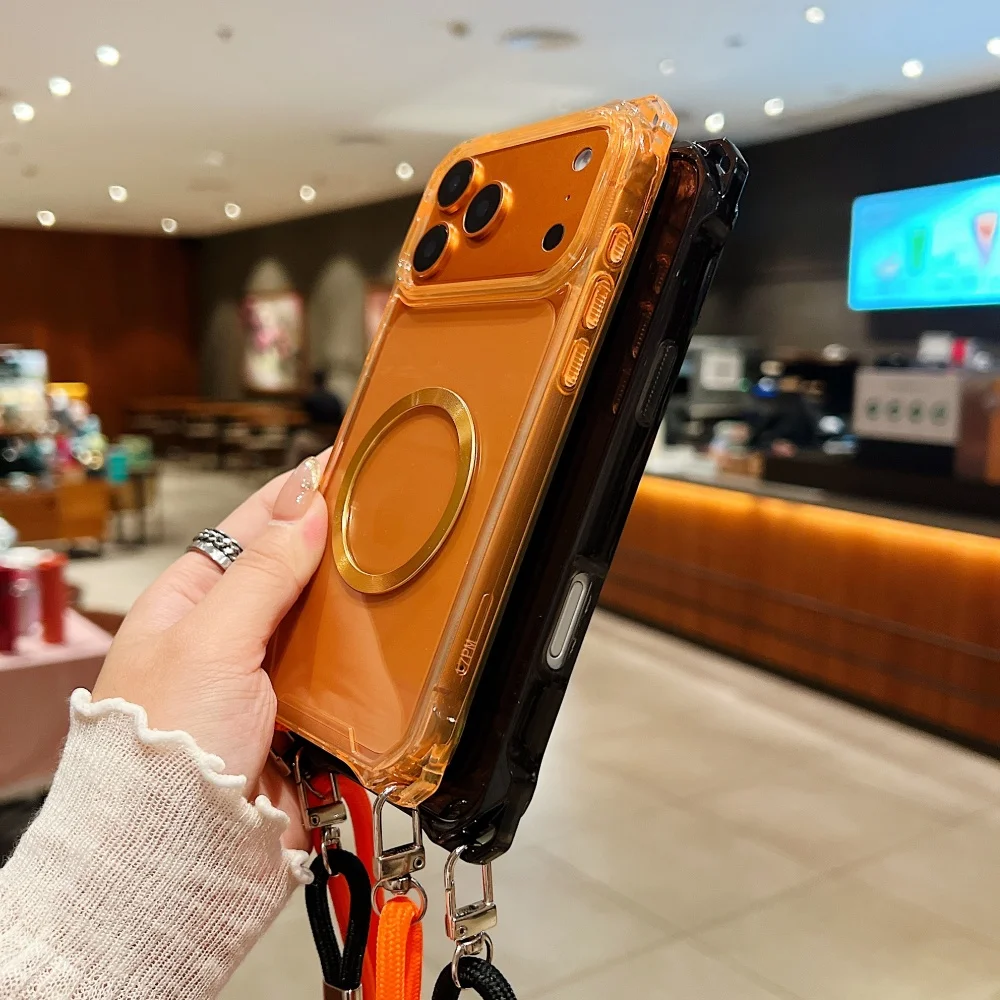 حافظة كروس بودي مضادة للخسارة من النايلون حافظة مغناطيسية شفافة لهاتف آيفون 17 16 برو ماكس 15 14 13 12 11 لغطاء حزام الكتف Magsafe