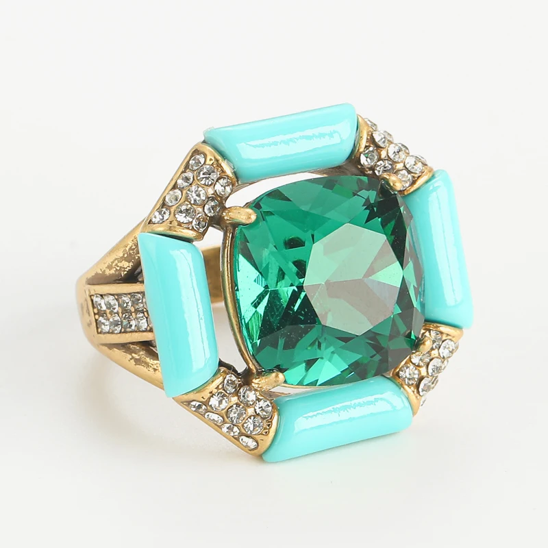 

Vintage Emerald Crystal Green Rings Natural Stone Sea Blue Jewelry Geometry Retro Zircon Accessories For Women Wedding Bride New