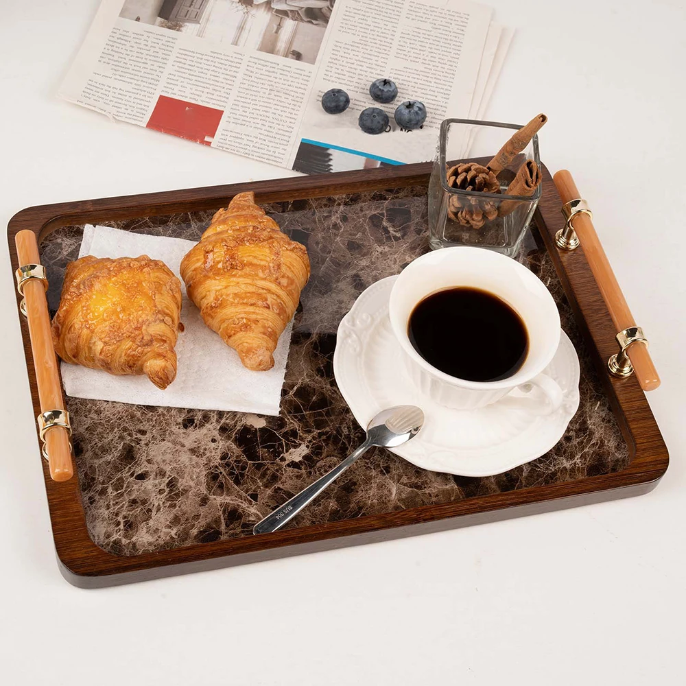 Marble-Patterned Storage Tray Handled Rectangular Multi-Purpose Tea Set Accessories Home Wooden Dessert & Coffee Tray