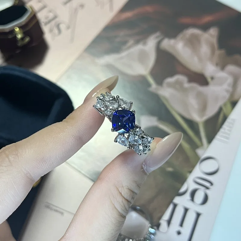 925 sterling silver cool style light luxury niche retro sapphire open ring for women's high-end simple fashion ring jewelry