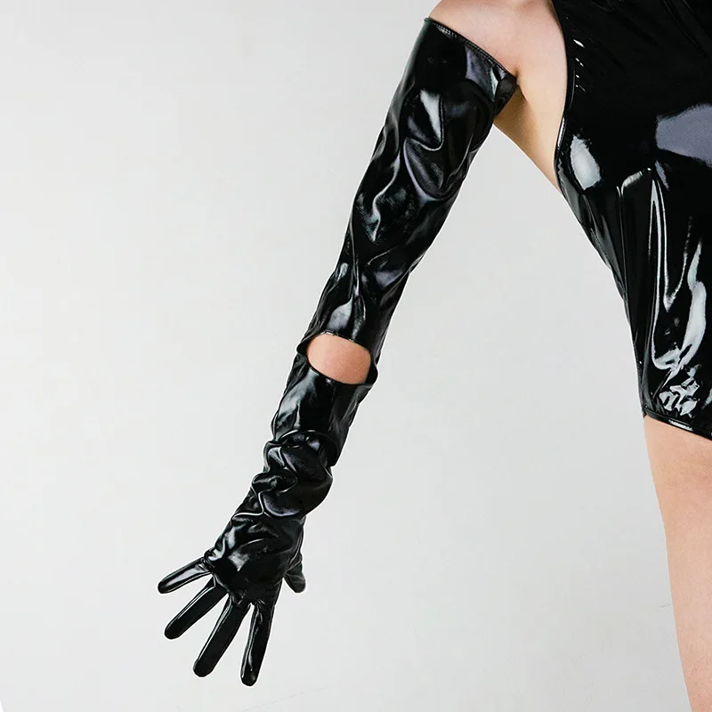Shine Black Patent Leather Gloves for Women 70cm Faux Leather Imitation Sheepskin Stylish Accessory for Party Nightclub