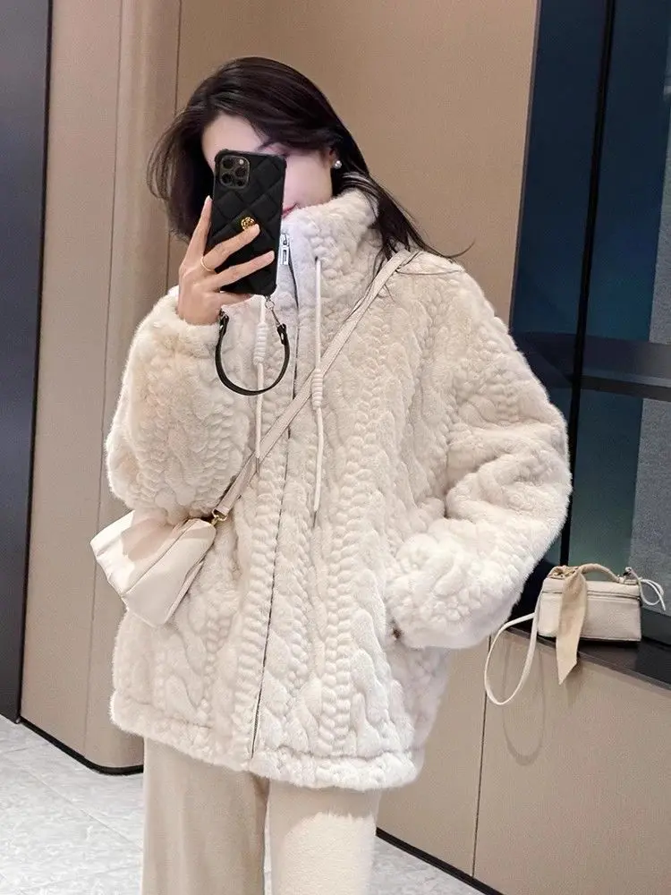 2026 Autumn And Winter Imitation Rex Rabbit Korean Version Fur Winter Coat Stand-Up Collar Loose Young Lamb Thickened Coat