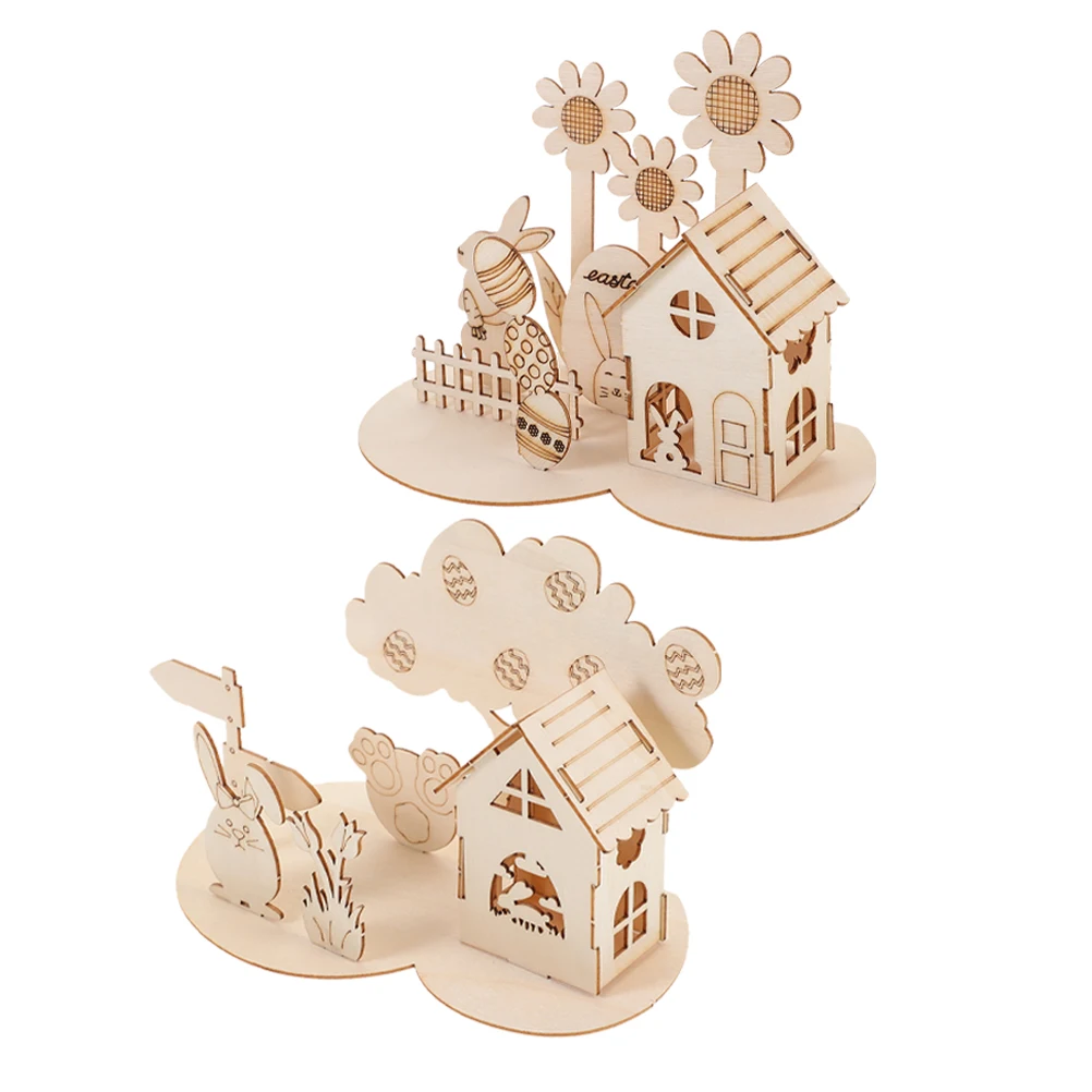 

2 Sets Easter Wooden Ornaments Toddler Puzzle DIY 3d Kids Toys Plaything Jigsaws Assembly Rabbit Decoration