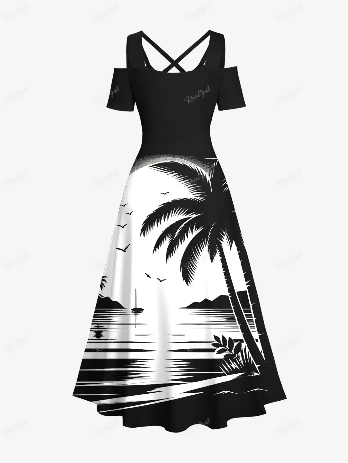 S-3XL Women\'s Dresses And Men\'s Shirt Ink Painting Coconut Tree Sun Sea Bird Print Hawaii Beach Outfit Matching Set For Couples