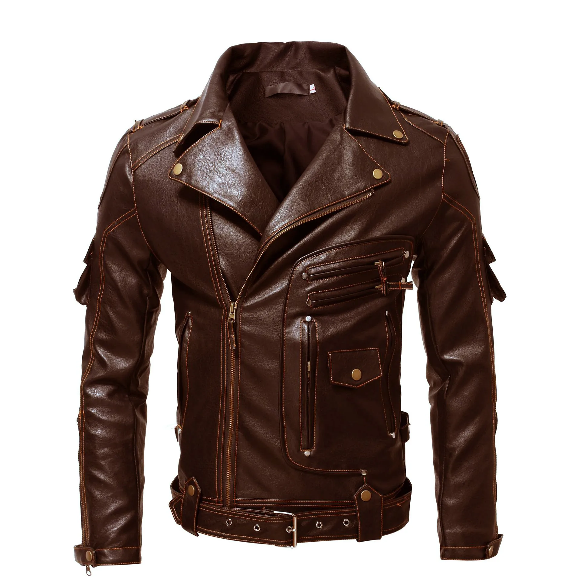 Mens Motorcycle Rider Leather Jacket Men Fashion Motorcycle PU Leather Jacket Cool Zipper Pockets Leather Coats Clothing